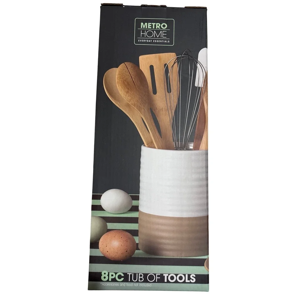 Metro Home 8 Piece Tub of Tools Kitchen Utensil Set with Stoneware Tub
